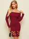 Solid Cut Out Off Shoulder Long Sleeve Sexy Dress - Red