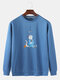 Mens Cartoon Cat Chest Print Crew Neck Loose Pullover Sweatshirt - Blue