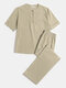 Cotton Linen Breathable Stand Collar Mid Sleeve & Pants Loungewear Sets With Chest Pocket - Yellow