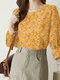 Allover Floral Print Flounce Sleeve Crew Neck Casual Blouse - Yellow