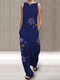 Flower Print Sleeveless Casual Jumpsuit For Women - Navy