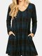 Plaid Print Pockets V-neck Long Sleeves Casual Dress for Women - Sky blue