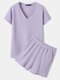 Women Solid Ribbed V Neck Short Sleeve Soft Breathable Skin Friendly Pajamas Sets - Purple