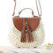 Women Travel Straw Beach Bags Tassel Patchwork Crossbody Bags - White