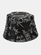 Unisex PU Overlay Letters Graffiti Print Fashion Outdoor Windproof Bucket Hat - Black
