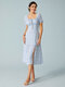 Blue Floral Print Knotted Square Collar Short Sleeve Slit Hem Elegant Dress - Blue