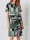 Geometric Printed Short Sleeve Casual Midi Dress For Women - Green