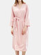 Women Pure Color Waffle V-Neck Double Pockets Robes Pajamas With Belt - Pink