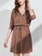 Solid Color Button Drawstring Knotted Lapel Collar Casual Dress - Coffee
