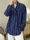Mens Striped Lapel Double Breasted Casual Shirt - Dark Blue