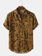 Mens All Over Ethnic Pattern Print Lapel 100% Cotton Short Sleeve Shirts - Brown