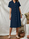 Women Solid Color Lapel Short Sleeve Button Pocket Casual Dress - Navy