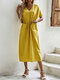 Solid Color V-neck Short Sleeve Pocket Drawstring Casual Dress - Yellow