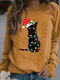 Christmas Black Cat Print Long Sleeves O-neck Sweatshirt For Women - Khaki