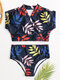 Women High Waist Bikini String Short Sleeves Tropical Print Swimwear - Navy