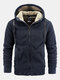 Mens Solid Color Zip Front Fleece Plush Thick Warm Hooded Jacket - Navy