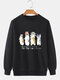 Mens Cartoon Japanese Cat Print Crew Neck Pullover Sweatshirts - Black