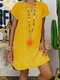 Solid Color V-neck Short Sleeve Mini Dress - Yellow