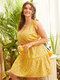 Plus Size Deep V Neck Calico Lettuce-Edge Wrap Design Sleeveless Dress - Yellow