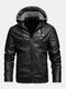 Mens PU Leather Plus Velvet Zip Front Thicken Hooded Jackets With Zipped Welt Pockets - Black