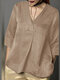 Women Solid V-Neck Pleated Satin 3/4 Sleeve Blouse - Khaki
