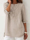 Women Striped Half Button High-Low Hem Cotton Blouse - Khaki