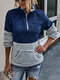 Patchwork Long Sleeve High Neck Zipper Fly Pocket Sweatshirt For Women - Blue