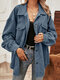 Solid Corduroy Loose Pocket Button Lapel Long Sleeve Jacket - Blue