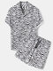 Mens Zebra Pattern Revere Collar Shirt & Drawstring Shorts Two Piece Outfits - Black