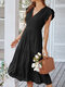 Solid Ruffle Short Sleeve V-neck Casual Dress For Women - Black