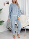 Women Solid Reversible Fleece Drawstring Hooded Two-Piece Warm Home Thick Pajamas Set - Blue