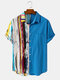 Men 100% Cotton Color Stripe Patchwork Holiday Casual Curved Hem Shirt - Blue