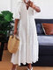 Single Color V Neck Texture Half Sleeve Ruffle Trim Dress - White