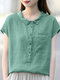 Solid Cotton Button Front Pocket Lapel Short Sleeve Blouse - Green