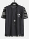 Mens Smile Face Paisley Print Stitching Texture Short Sleeve T-Shirts - Black