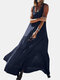 Solid Color O-neck Overhead Sleeveless Pleated Maxi Dress - Navy Blue