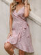 Ruffle Backless Adjustable Shoulder Strap Knotted Floral Print Sexy Dress - Pink