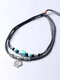 Vintage Trendy Indians And Wolf Head Shape Pendant Turquoise Alloy Wax Rope Double-layer Necklace - #02