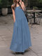 Einfarbig Lässiger, ärmelloser Denim-Maxi mit Rundhalsausschnitt Kleid - Blau