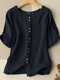 Solid Button Half Sleeve Round Neck Casual Cotton Blouse - Navy