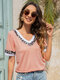 Leopard Patchwork V-neck Short Sleeves T-shirt - Pink