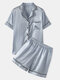 Plus Size Women Faux Silk Pajamas Set Solid Smooth Breathable Lapel Collar Loungewear With Short Sleeve Top - Grey