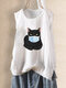 Cartoon Cat Printed Sleeveless O-Neck Tank Tops - White