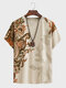 Mens Chinese Vintage Floral Print Crew Neck Short Sleeve T-Shirts - Apricot