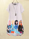 Kurzarm-Knopfkleid mit Cartoon-Motiv für Mädchen mit Taschen und Taschen - Weiß