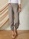 Solid Color Pocket Elastic Waist Drawstring Design Casual Cotton Women Pants - Khaki
