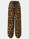 Estampado de leopardo Cordón Bolsillo Largo Informal Pantalones para Mujer - café