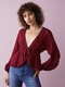Solid Ruffle Trim Front Lace Up Long Sleeve V-neck Blouse - Wine Red