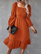 Solid Square Collar Shirred Long Sleeve Casual Dress - Orange