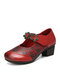 SOCOFY Retro Flowers Printed Leather Handmade Hook Loop Casual Chunky Heels - Red